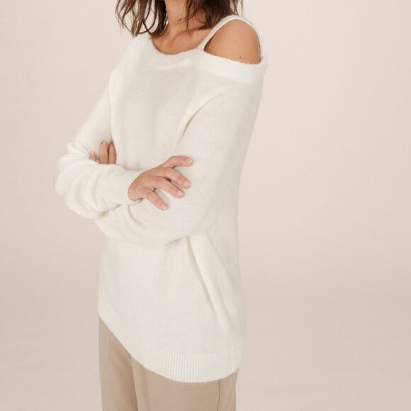 SWTR Cream Merino Wool Cashmere Cold Shoulder Pullover Ribbed Sweater Small - Picture 1 of 6